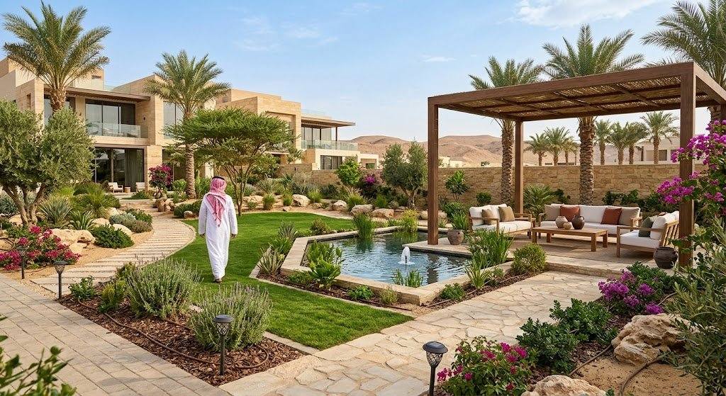 فريق عمل محترف يقوم بأعمال تصميم وتنسيق الحدائق بدقة وإبداع باستخدام أحدث المعدات والنباتات المتنوعة ضمن خدمات تنسيق حدائق بالرياض متميزه لضمان مظهر جمالي خلاب وراحة العملاء.
