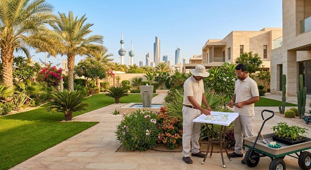 فني محترف يقوم بأعمال تصميم وتنسيق وتجميل الحدائق المنزلية بدقة وأمان باستخدام أحدث المعدات الزراعية ضمن خدمات افضل منسق حدائق لضمان بيئة خضراء خلابة وراحة العملاء.
