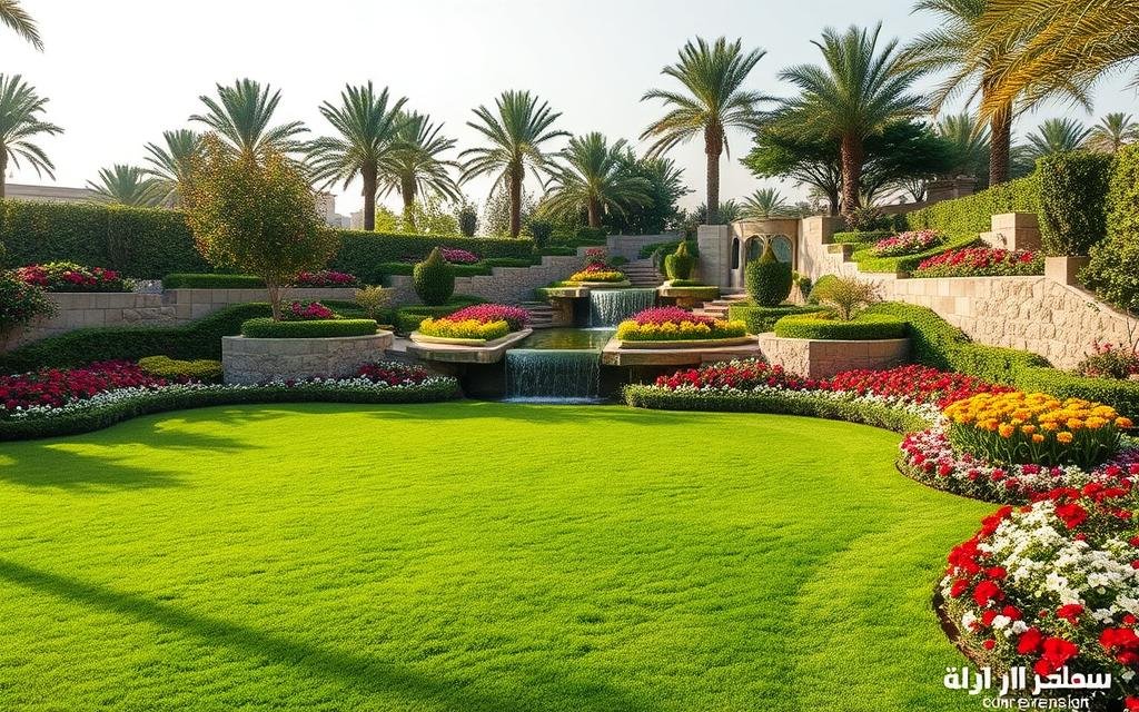 تنسيق حدائق بالرياض يشمل زراعة النجيل وتركيب الشلالات