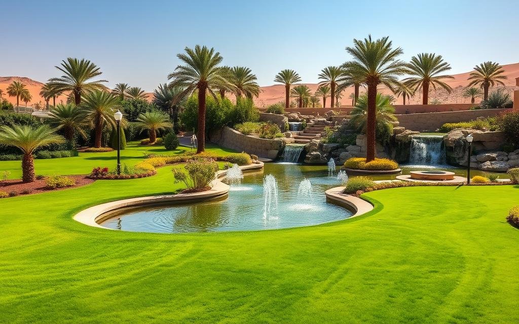 تنسيق حدائق بالرياض يشمل زراعة النجيل وتركيب الشلالات