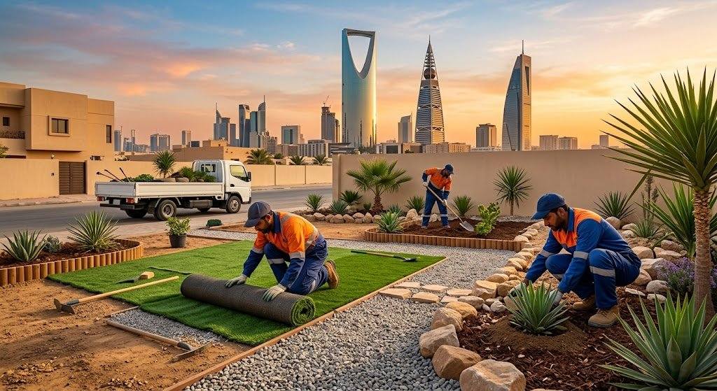 فريق عمل محترف يقوم بتصميم وتنسيق الحدائق بجودة عالية وإبداع ضمن خدمات تنسيق حدائق نمار بالرياض لضمان بيئة خضراء وجذابة للعملاء.