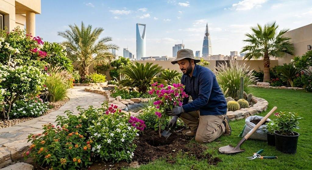 فريق عمل محترف يقوم بتصميم وتنسيق الحدائق وزراعة النباتات بدقة وإبداع ضمن خدمات تنسيق حدائق حي الإسكان لضمان مساحات خضراء جميلة ومريحة للعملاء.