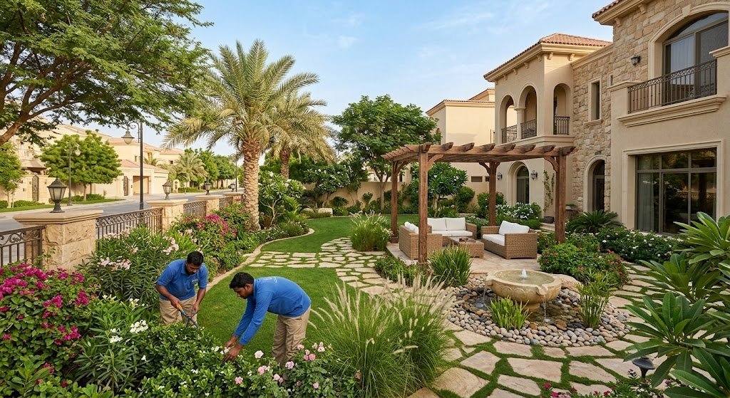 فريق عمل محترف يقوم بأعمال تصميم وتنسيق الحدائق وزراعة النباتات بدقة وأمان باستخدام أحدث المعدات والأدوات الزراعية ضمن خدمات تنسيق حدائق حي الشعلان الرياض لضمان مساحات خضراء راقية وراحة العملاء.